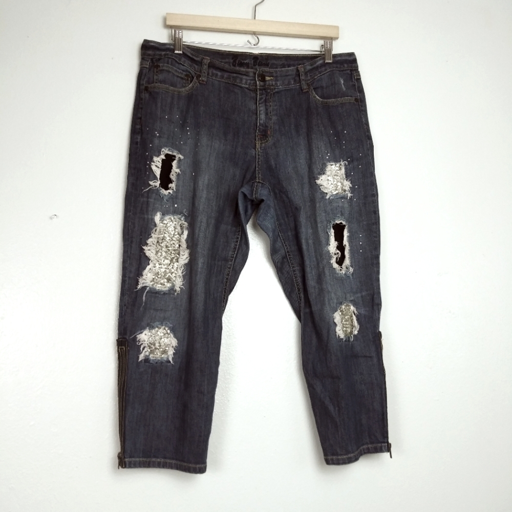 Bisou Bisou By Michele Bohbot 14 Denim Cropped Pant Embellished & Distressed
